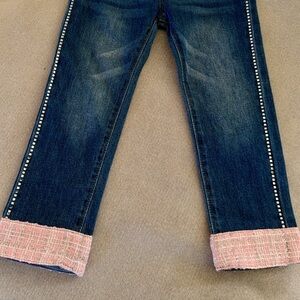 5T - Doe & Rae Girls Jeans Elastic Waist Rhinestone Stripe Pink Tweed Cuff NWT